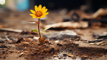a small yellow flower is growing out of the dirtの素材