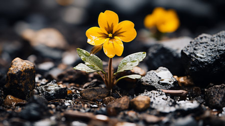 a small yellow flower is growing out of the groundの素材