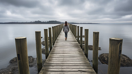 a woman is walking on a wooden pier over a body of waterの素材