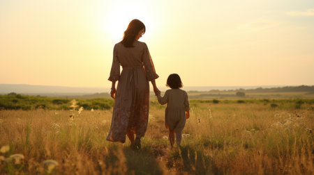 a woman and child walking in a field at sunsetの素材