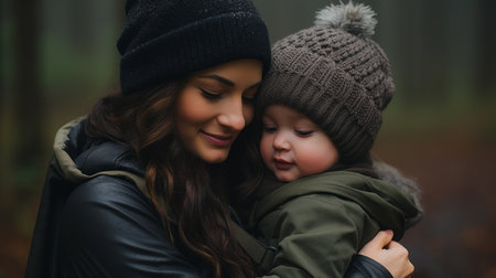 a woman holding her baby in the woodsの素材