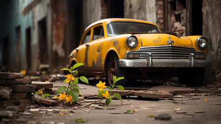 an old yellow car sits in the middle of a streetの素材