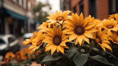 yellow sunflowers in a vase on the side of a streetの素材