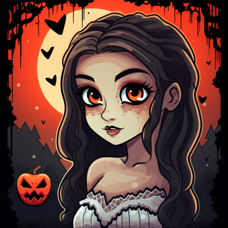 a cartoon girl in a halloween dress with a pumpkin on her headの素材