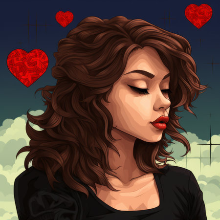 a woman with brown hair and red hearts on her faceの素材