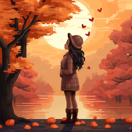 a girl standing in front of an autumn scene with leaves falling from the treesの素材