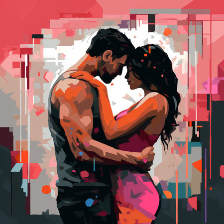 a painting of a couple embracing in front of an abstract backgroundの素材