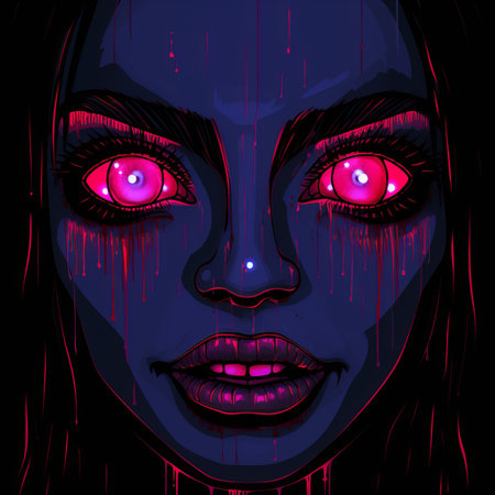 an illustration of a woman with pink eyes and blood dripping down her faceの素材
