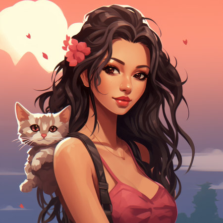 an illustration of a woman holding a catの素材