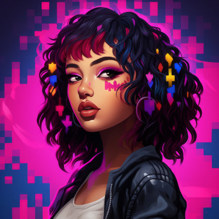 an illustration of a woman with neon hairの素材