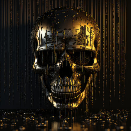 3d rendering of a gold skull on a black backgroundの素材