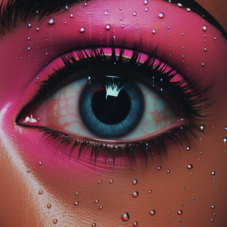 a close up of a womans eye with water droplets on itの素材