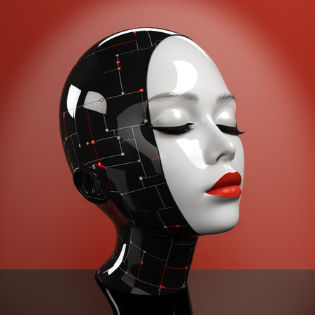a black and white robot head with red lipsの素材