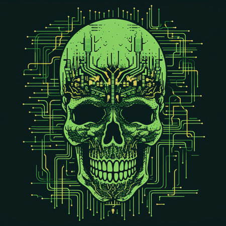 a green skull on a black background with a circuit board in the backgroundの素材