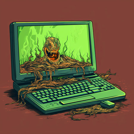 a computer with an image of a monster on itの素材