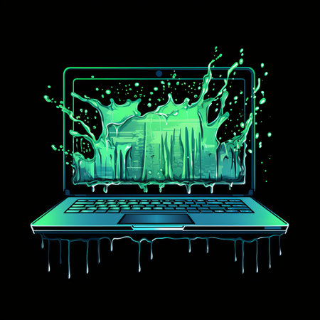 a laptop with a splash of green liquid on itの素材