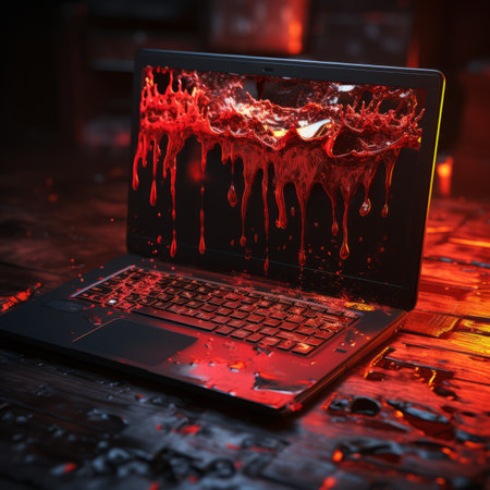 a laptop with blood splattered on the screenの素材
