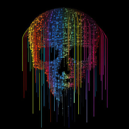 a skull made up of colored lines on a black backgroundの素材