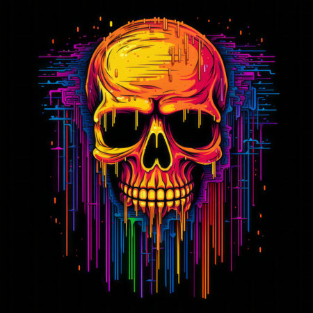 a skull painted with colorful paint on a black backgroundの素材