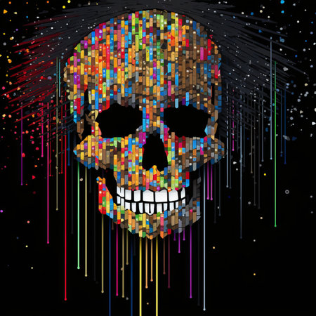 a skull made of colored pixels on a black backgroundの素材