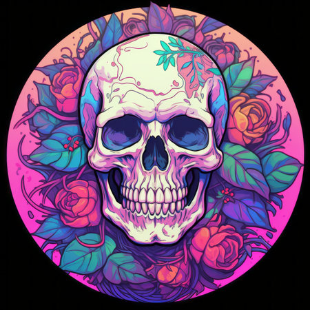 a skull surrounded by flowers and leaves in a circleの素材
