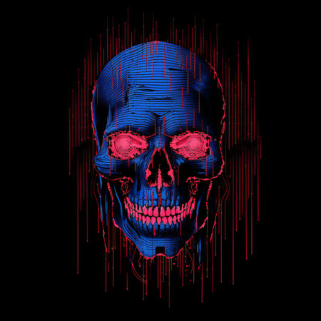 a skull with glowing red eyes on a black backgroundの素材