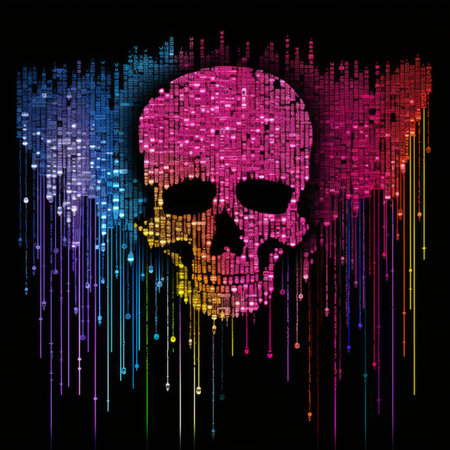 a skull made up of colored dots on a black backgroundの素材