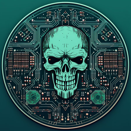 a skull on a circuit board with a green backgroundの素材