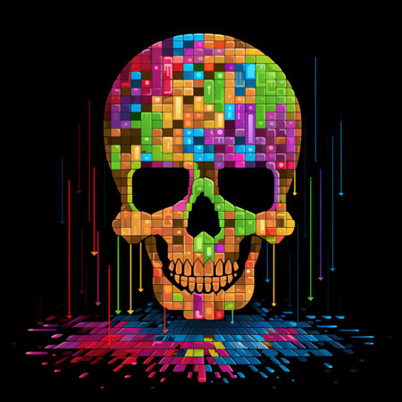 a skull made of colorful pixels on a black backgroundの素材