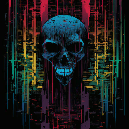 a skull with colorful lines on a black backgroundの素材