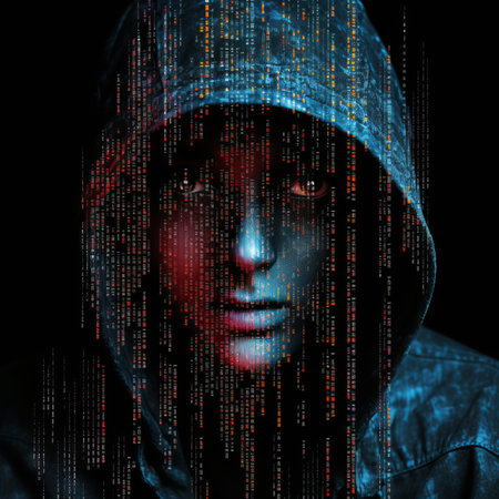 an image of a woman in a hoodie with binary code on her faceの素材