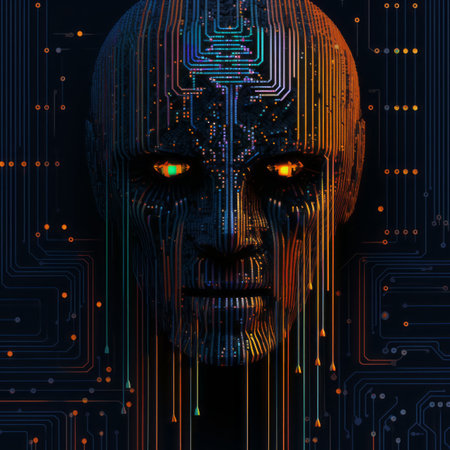 the face of a robot with glowing eyes on a circuit boardの素材