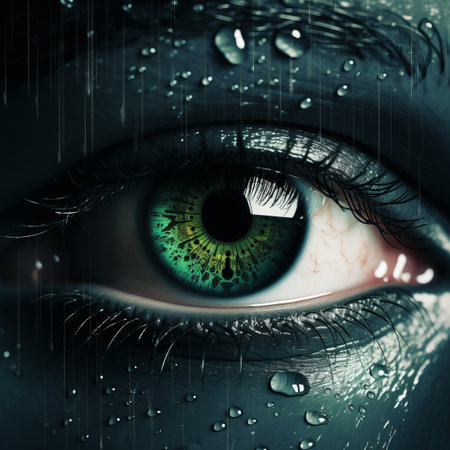 a close up of a womans eye with rain drops on itの素材