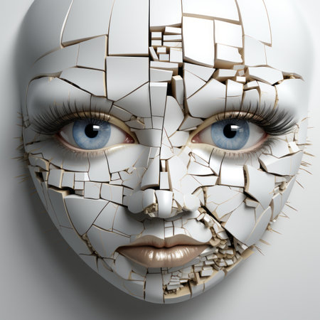 3d rendering of a womans face with broken piecesの素材