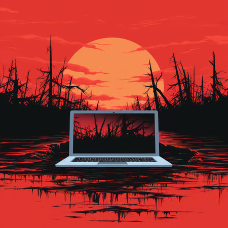 a laptop sitting in the middle of a lake with a sunset in the backgroundの素材