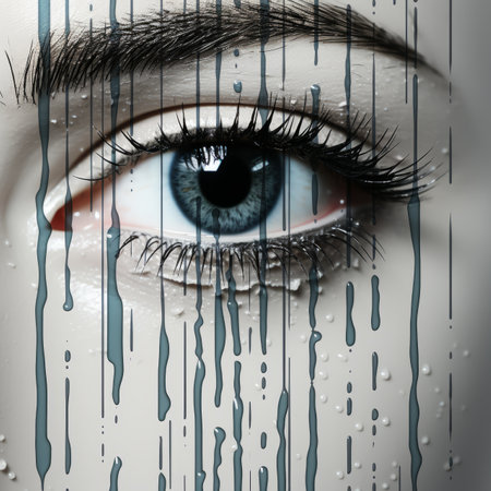a close up of a womans eye with rain drops on itの素材