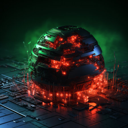 3d rendering of a sphere on top of a circuit boardの素材