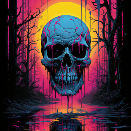 a colorful skull with dripping paint on it in front of a forestの素材