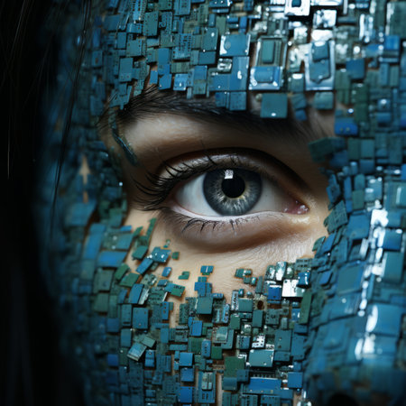 a close up of a womans face covered in blue tilesの素材