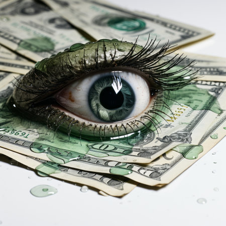 a close up of a dollar bill with an eye on itの素材