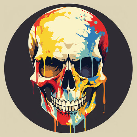 a colorful skull painted on a black backgroundの素材