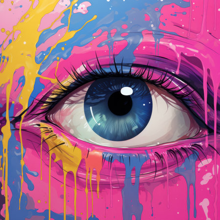 a painting of an eye with paint splatters on itの素材