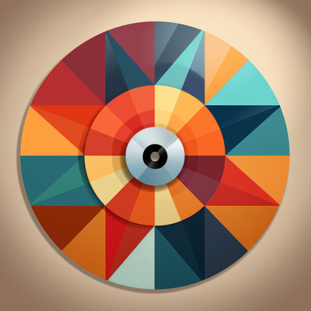 a colorful geometric pattern on a disc with an eye in the centerの素材