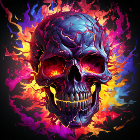a colorful skull with flames on itの素材