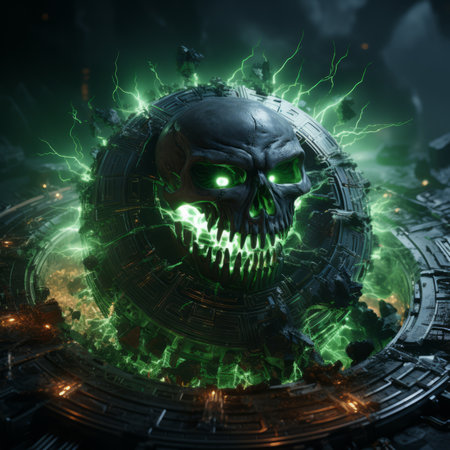 a green skull with glowing eyes in the center of an alien spaceshipの素材