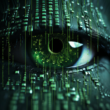 a green eye with binary code on itの素材