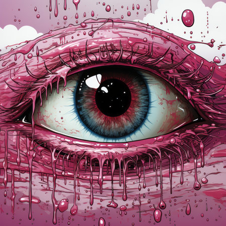 a pink eye with droplets of blood on itの素材