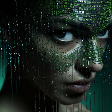 a woman with green paint on her faceの素材