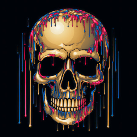 a skull painted with colorful paint on a black backgroundの素材