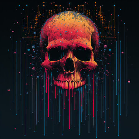 a skull with colorful lines and dots on itの素材